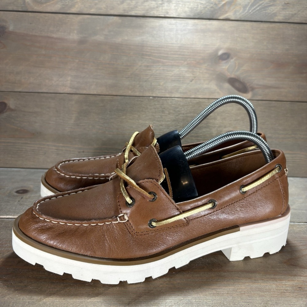 sperry 2-Eye womens size 9.5 sneakers brown leather chunky block heel boat shoes
